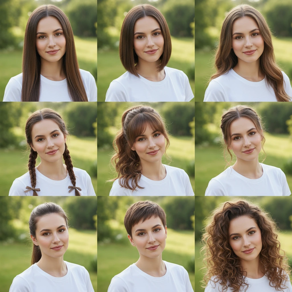 9 grid collage of hairstyle changer