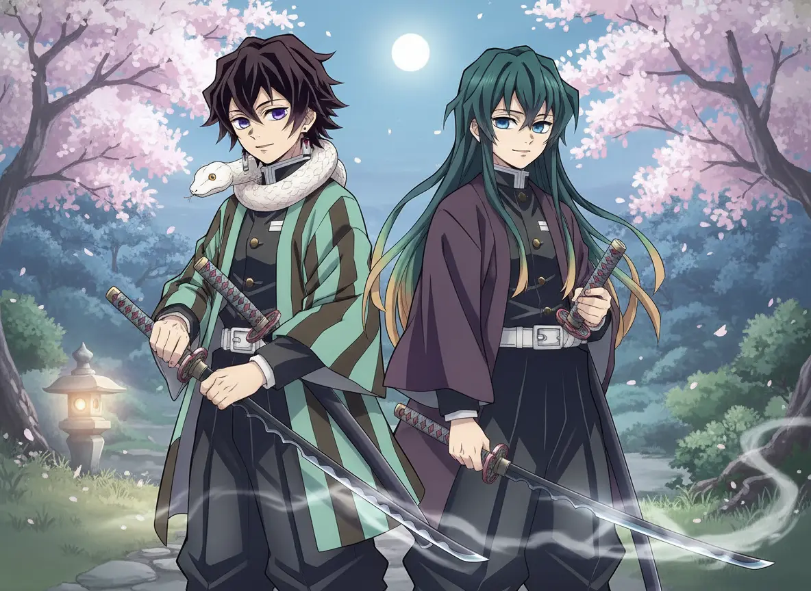 Demon slayer character Obanai and Tomioka
