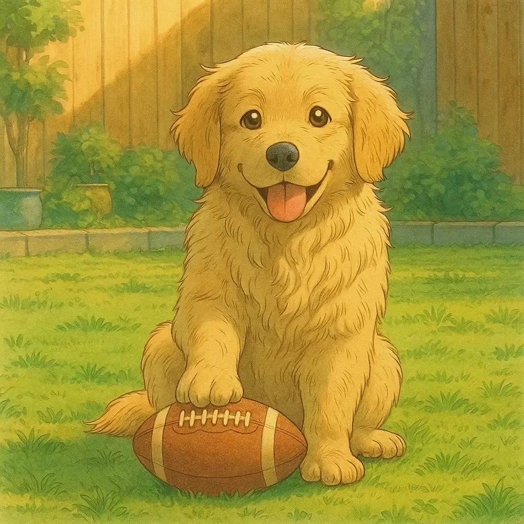 Dog playing football in Ghibli style