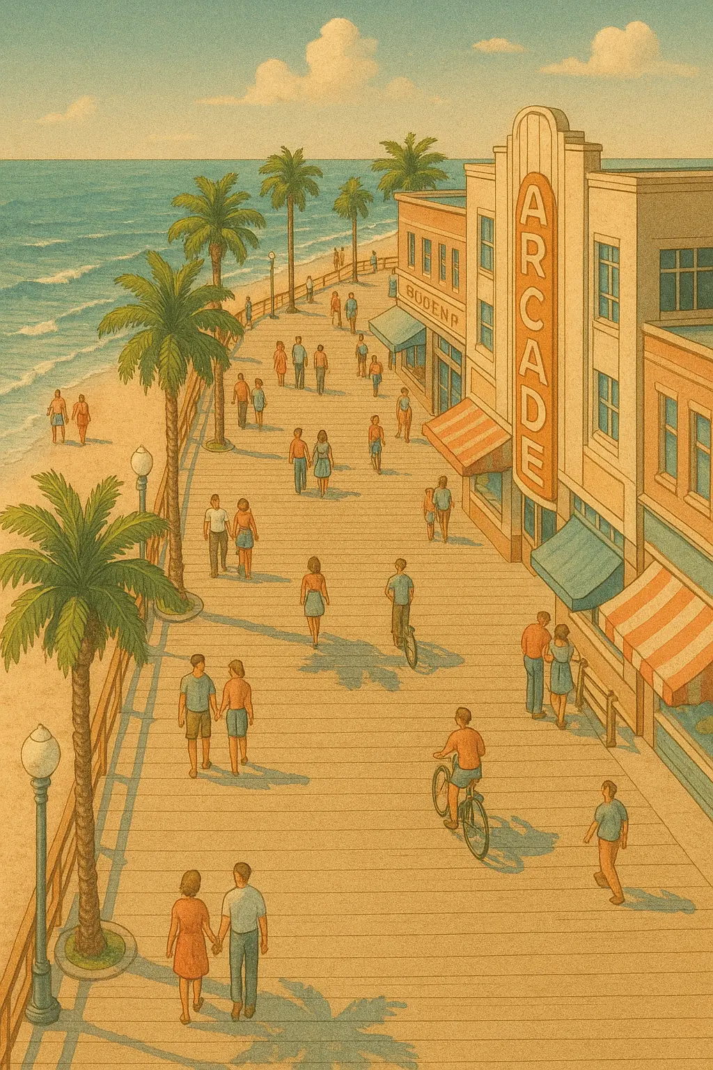 Retro poster art of seaside boardwalk